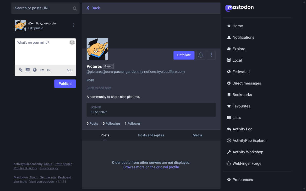 Screenshot: Academy sees the community as followed, with 1 follower and a Group badge