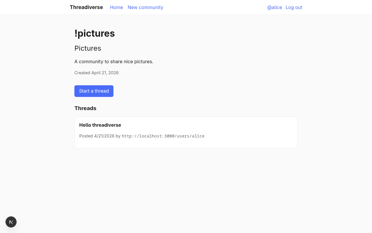 Screenshot: Pictures community page with one federated thread listed