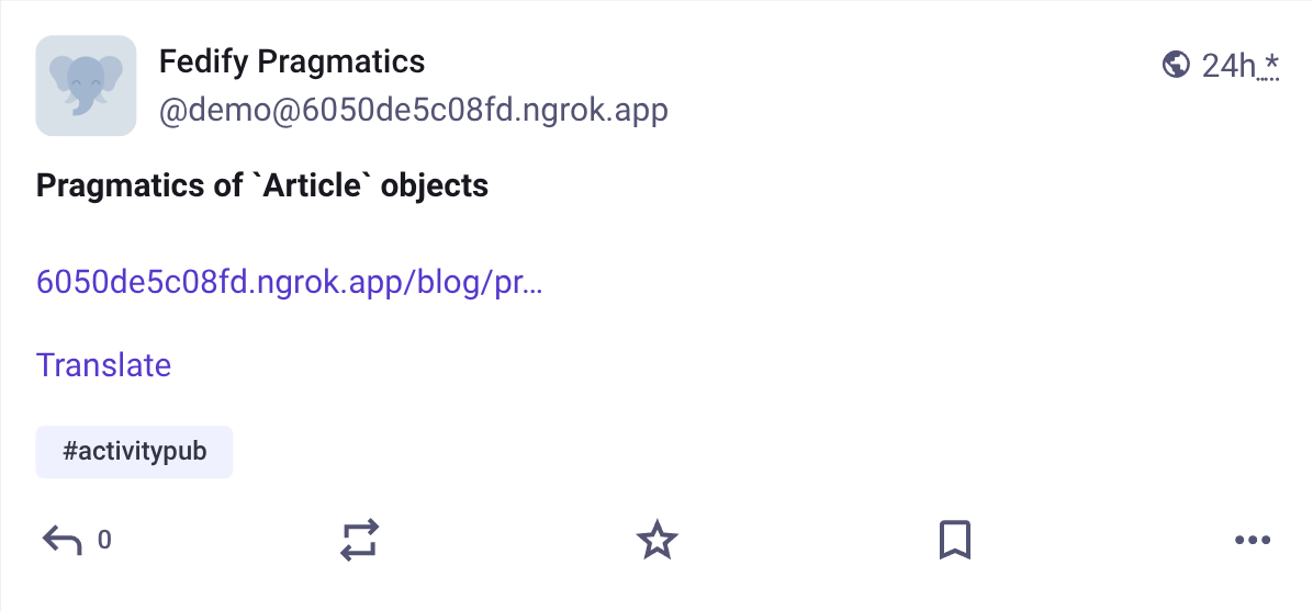 Screenshot: An article object with a title, canonical link, and hashtag in
Mastodon