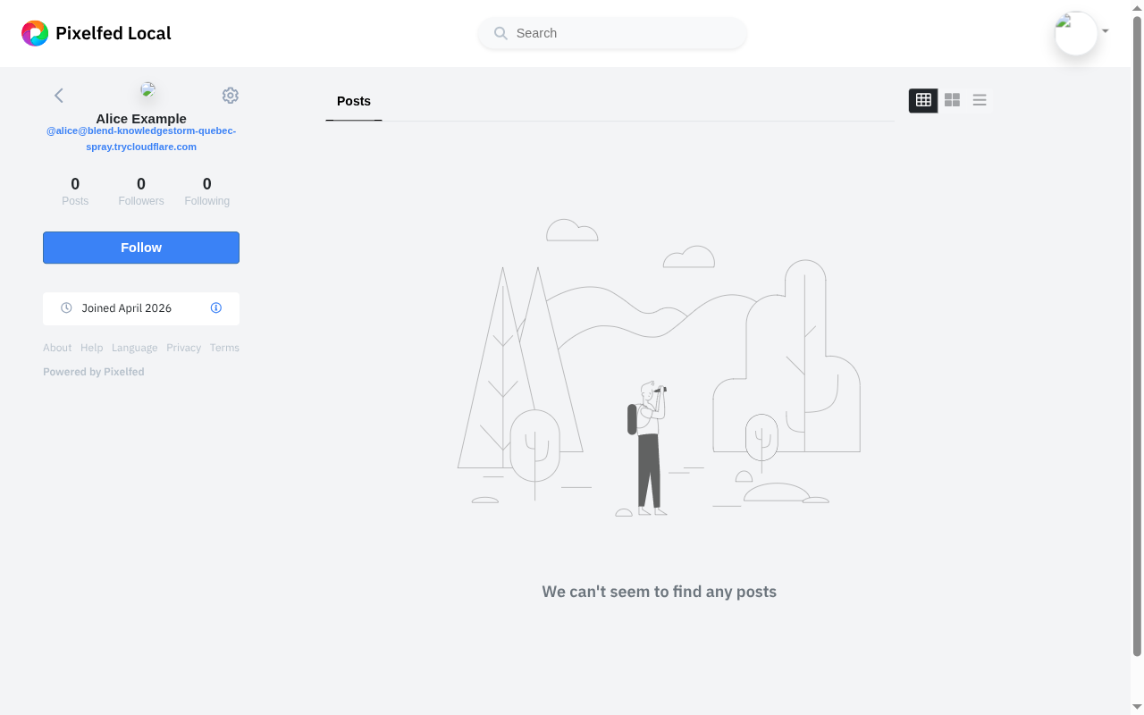 alice's profile on a Pixelfed instance after the Unfollow
click; the action button reads Follow again, and the followers
counter is back at zero.