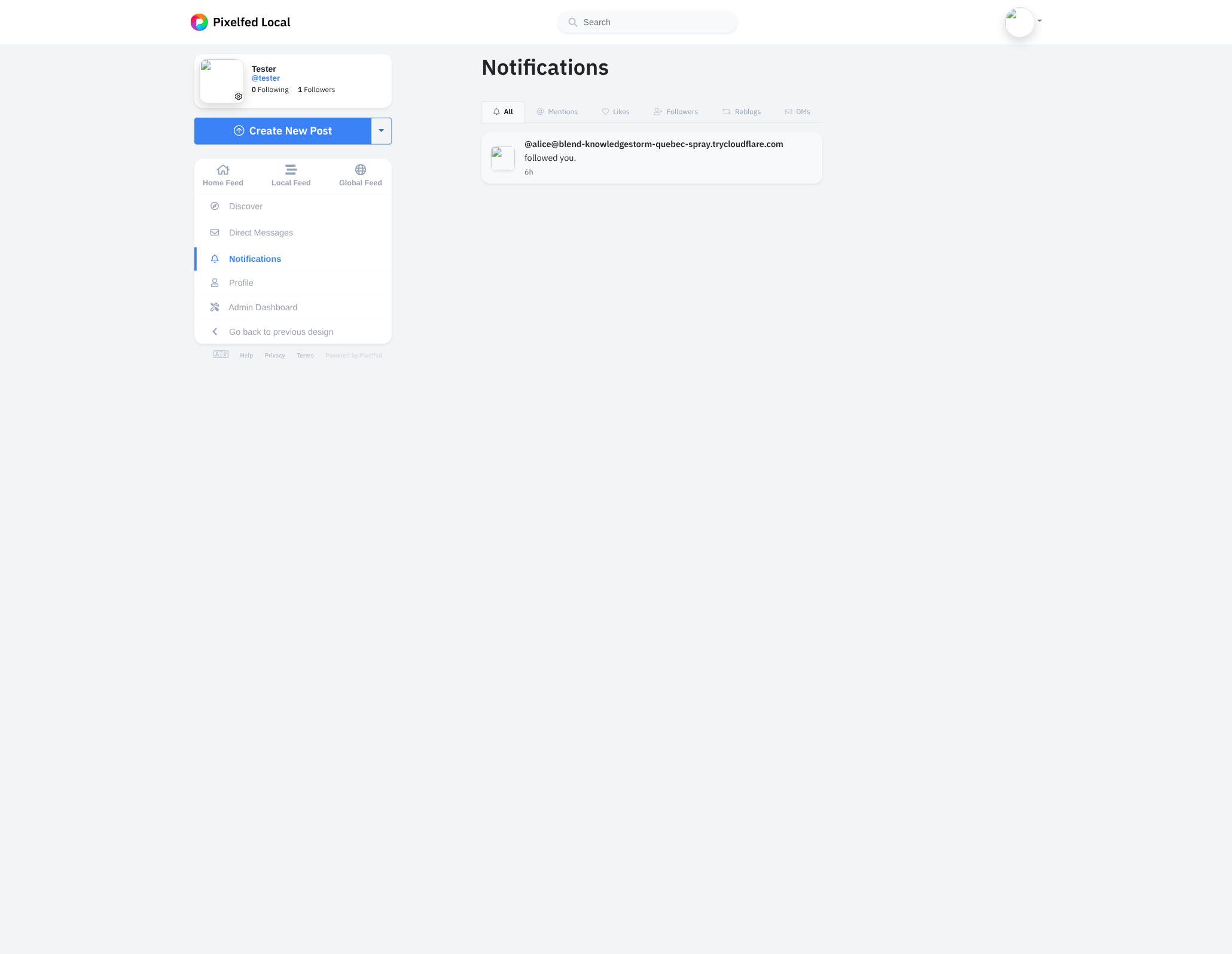 Pixelfed's Notifications page showing one entry,
“aliceyour-tunnel.example followed
you.”