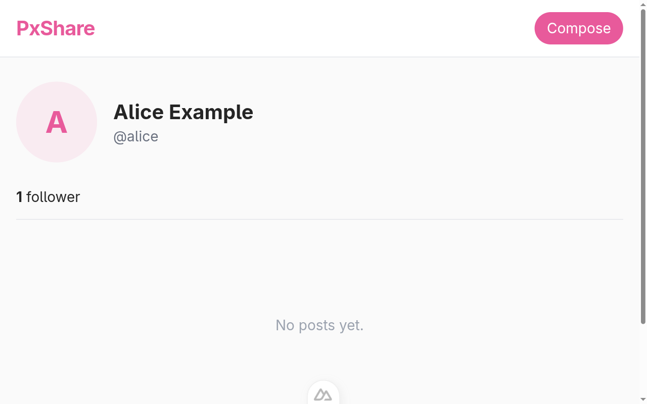 Alice's profile page after the followers count is wired up.
Below the avatar and handle, a thin navigation row reads
“1 follower” with the number bolded; it is a
link.